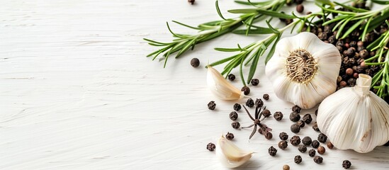 Poster - Garlic cloves black pepper and rosemary arranged on a white wooden table with copy space image