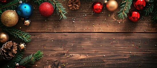 Poster - Wooden table adorned with Christmas ornaments and balls perfect for a festive copy space image