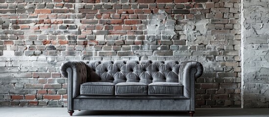 Poster - Design banner with a grey sofa placed against a brick wall featuring ample copy space image