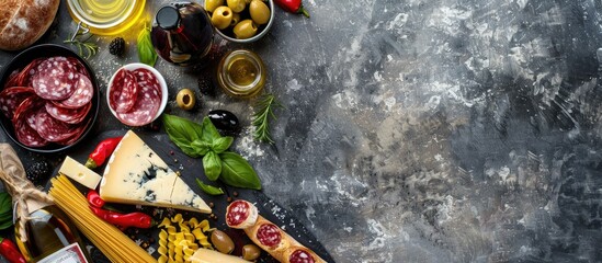 Poster - Top down view of traditional Italian ingredients including pasta cheese salami olives and wine on a stone table perfect for copy space image