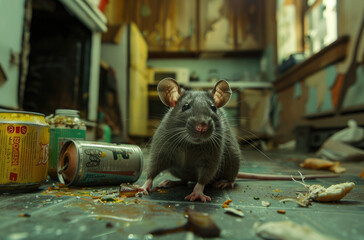 Wall Mural - Close up of a rat inside a kitchen, surrounded by food and juice cans on the floor, with an open hole in one wall behind it that leads to an underground tunnel system underneath the home