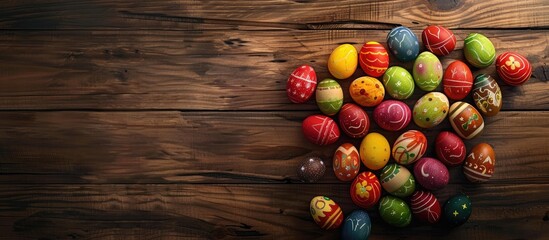 Poster - Top view of Easter eggs displayed on a wooden table enhancing the scene with copy space image