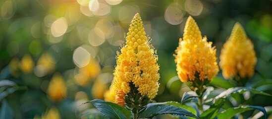 Aufkleber - A stunning blurry backdrop featuring a yellow cockscomb flower celosia cristata with ample copy space on the right for text or imagery