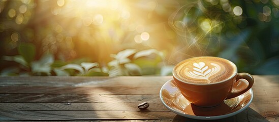 Poster - Special cup of steaming cappuccino on a wooden table bathed in sunlight with copy space image