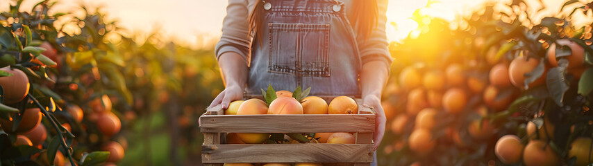 beautiful young farmer woman holding a wooden box full of fresh grapefruits standing in the plantati