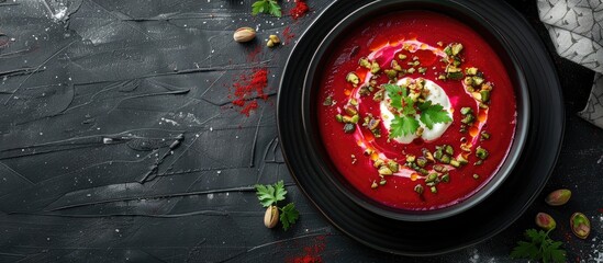 Wall Mural - Red beet soup with pistachios and sour cream on a rustic black plate designed with a copy space image for text ideal for a vegetarian meal