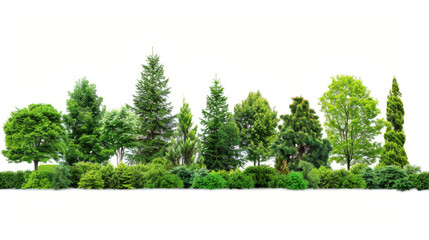 Green trees and shrubs in a row, cut out against a white background. High-quality clipping mask.