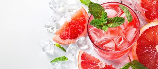 Aufkleber - Red drink with ice grapefruit and mint on a white background suitable for including text or design in the empty area. Creative banner. Copyspace image