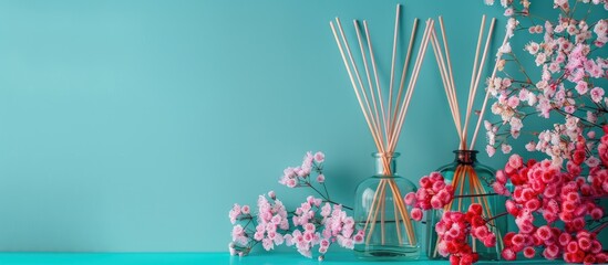 Sticker - Reed diffuser bottles and flowers displayed on a vibrant turquoise backdrop with space for text or images. Creative banner. Copyspace image