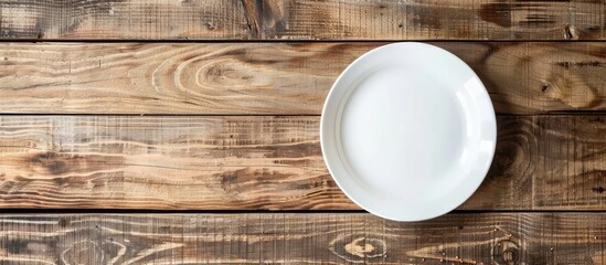 Poster - Wooden background showcasing an empty white plate with copy space image
