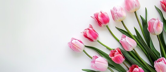 Aufkleber - Top view of a festive pink tulip arrangement on a white background with ample copy space for various occasions like birthdays Mother s Day Valentine s Women s Day or weddings