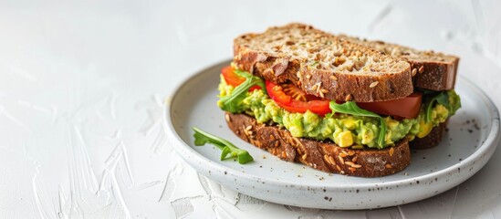 Poster - A sandwich with guacamole and heirloom tomato on wheat bread displayed on a white plate against a white background with copy space image