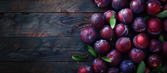 Poster - Ripe plums are spread out on a dark wooden table with a moody background soft lighting and space for text or images. Creative banner. Copyspace image