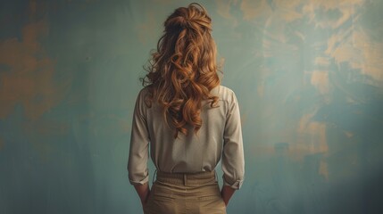 back view of a beautiful woman with long curly hair in casual attire against a textured backdrop