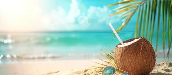 Sticker - Tropical summer themed concept for holidays with a refreshing coconut drink sunglasses and a straw on a beach background Image includes copy space