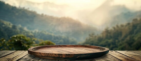 Aufkleber - Wooden plate on the table with a soft blurry mountain background perfect for your copy space image and branding needs ideal for product displays with a vintage touch