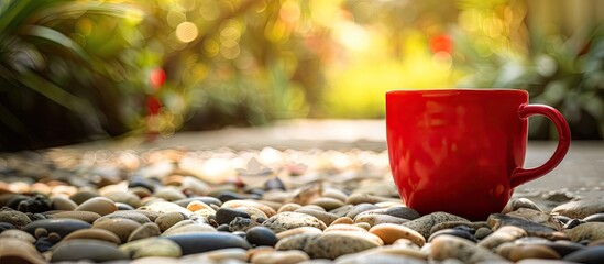 Aufkleber - A red cup filled with coffee sits on a pebbled floor in a garden with a blurred background and empty copy space image available