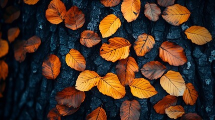 Wall Mural - image of autumn leaves close up over tree trunk background : generative ai