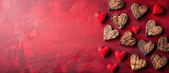 Leinwandbilder - Valentine s Day themed with a red backdrop and wooden hearts providing space for text and a copy space image