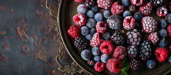 Canvas Print - Top down view of a vintage metal tray filled with a variety of frozen berries providing an area for additional content with a copy space image