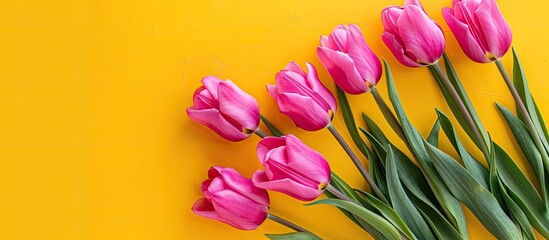 Poster - Top view of pink tulips set on a bright yellow backdrop with copy space image