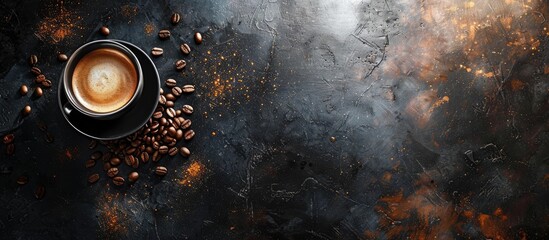Aufkleber - Sparkling Coffee concept background with coffee cup beans and bright light on black rustic vintage table providing a captivating copy space image