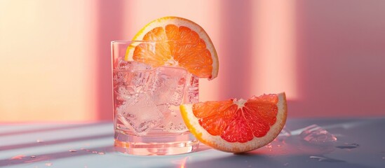 Poster - Grapefruit slice on glass with color background creating a captivating copy space image