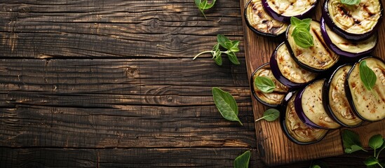 Canvas Print - Eggplant slices arranged on a wooden cutting board placed on a table with copy space image