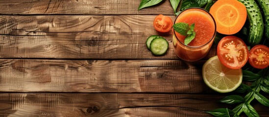 Poster - A top down view of a wooden table with a fresh vegetable smoothie made of tomatoes cucumbers and carrots with empty space for text or visuals. Creative banner. Copyspace image