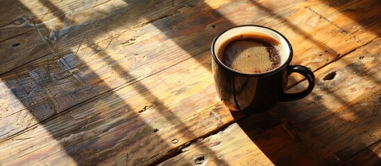 Aufkleber - Morning sunlight illuminates a black coffee cup on a wooden table creating a serene copy space image