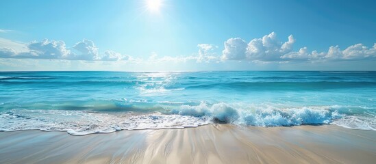 Poster - Scenic season wallpaper advertising resorts featuring an empty beach with vivid blue water providing a blurred copy space image against a sunny sky and sea backdrop
