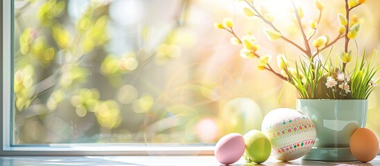 Canvas Print - Easter themed desk with a clear copy space image against a blurred window backdrop