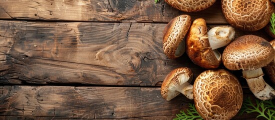 Poster - A wooden backdrop showcases fresh boletus mushrooms offering ample copy space for customization in the image