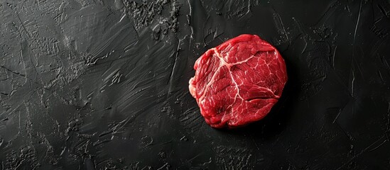 Poster - A raw beef tenderloin on a butcher table with a black background seen from above showcasing a copy space image