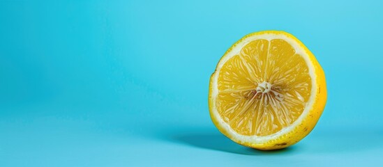 Poster - A freshly sliced lemon rests on a blue backdrop It is isolated showcasing natural organic fruit for a healthy lifestyle with copy space image