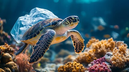 Wall Mural - Beautiful sea hawksbill turtle swiming above colorful tropical coral reef  polluted with plastic bag  environmental protection concept : Generative AI