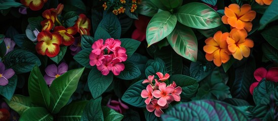 Poster - Various vibrant flowers of different hues are displayed in this captivating photo with fresh blossoms and lush green leaves enhancing the beauty of the image s copy space