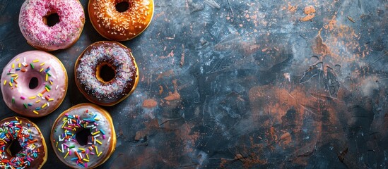 Poster - A variety of vibrant donuts displayed on a stone surface viewed from above with an empty area for text or images. Creative banner. Copyspace image