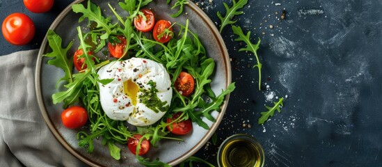 Aufkleber - Top view of Italian Burrata cheese with fresh arugula tomatoes and olive oil featuring copy space image