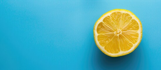 Wall Mural - A freshly sliced lemon rests on a blue backdrop It is isolated showcasing natural organic fruit for a healthy lifestyle with copy space image