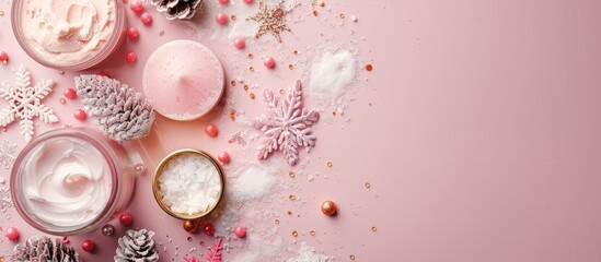 Canvas Print - Winter skin care products displayed on a pink background with copy space image