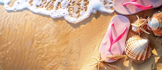 Aufkleber - Shellfish and pink flip flops placed on sandy beach with copy space image