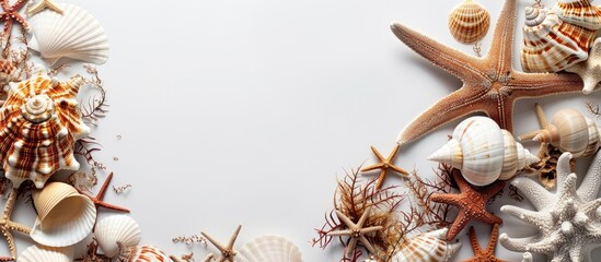Fototapete - Sea shells and sea creatures depicted on a white backdrop with copy space image