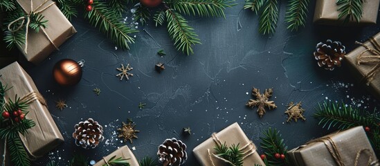 Poster - Festive Christmas decor featuring fir branches gift boxes creating a charming holiday backdrop suitable for a flatlay copy space image