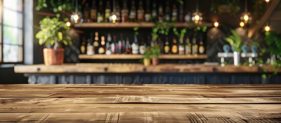 Poster - Wooden table in a bar restaurant with a menu frame for text marketing promotions and a copy space image