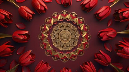 Wall Mural - Elegant 3D Abstract Scene with Vintage Crimson Tulips Encircling a Central Golden Mandala on a Deep Burgundy Canvas, Blending Opulent Floral Motifs with Geometric Precision