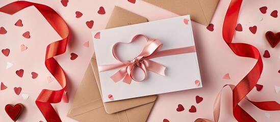 Leinwandbilder - Simple card mockup featuring ribbons heart shaped box and a craft envelope displayed with a flat lay perspective in a top view copy space image