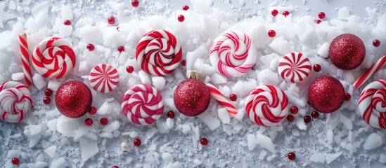 Aufkleber - Creative holiday concept with Christmas candy arranged on snow in a flat lay style with copy space image