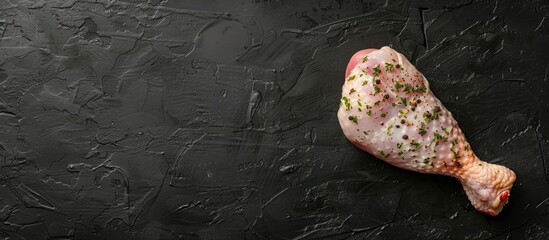 Poster - Raw chicken leg thigh fillet seasoned for cooking displayed on a black background from above with space for text or images. Creative banner. Copyspace image