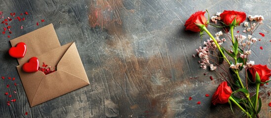 Poster - Valentine s Day card mockup with envelope red heart and flowers on a paper background for copy space image